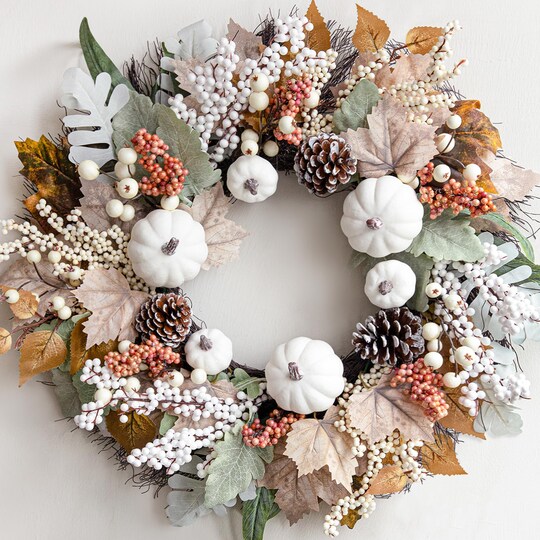 StaticPoster; Fall Decor - 18 Inch Autumn Maple Leaf Pumpkin Pine Cone Berry Wreath; Category:Fall Wreaths; Image:1